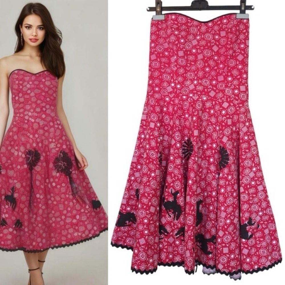 Vintage Rockabilly Red Bandana Western Dress Strapless Cowgirl Rodeo 50s Style